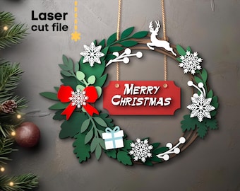 ようこそお帰りなさいリース SVG。Glowforge 用レーザーカット ファイル、メリー クリスマス SVG Dxf Ai Pdf Cdr、即時ダウンロード