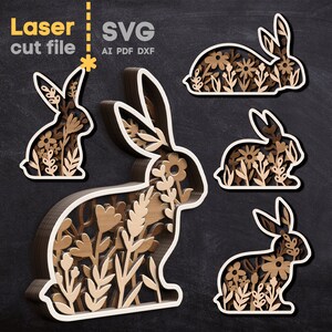 Easter Rabbits SVG Fichier de découpe laser pour Glowforge Cricut Lapins floraux Ornement en couches Silhouette Svg Dxf Ai Pdf Cdr TÉLÉCHARGEMENT INSTANTANÉ