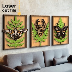 昆虫 SVG バンドル。Glowforge 用レーザーカット ファイル、スカラベ、蝶、蛾、シダの葉、レイヤード フレーム デコレーション、SVG、DXF、AI、PDF、CDR 即時ダウンロード