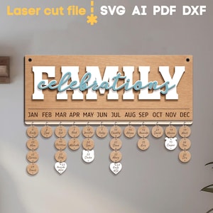 Calendario delle feste di famiglia in formato SVG. File tagliato al laser per Glowforge, Tabellone di compleanno con nomi di animali domestici dei membri della famiglia, SVG, DXF, AI, PDF, CDR. DOWNLOAD IMMEDIATO.