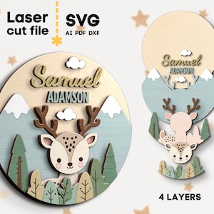 Segno del nome del bambino cervo SVG. File tagliato al laser per Glowforge, Forest Animal Mountains Set Nursery Round Sign, Svg Dxf Ai Pdf Cdr, DOWNLOAD immediato