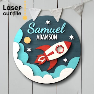 Rakete Baby Namen Zeichen SVG. Laser-Schnittdatei für Glowforge, Space Star, Kinderzimmer, rundes Namensschild, Baby Boy, svg Dxf Ai Pdf Cdr, INSTANT DOWNLOAD