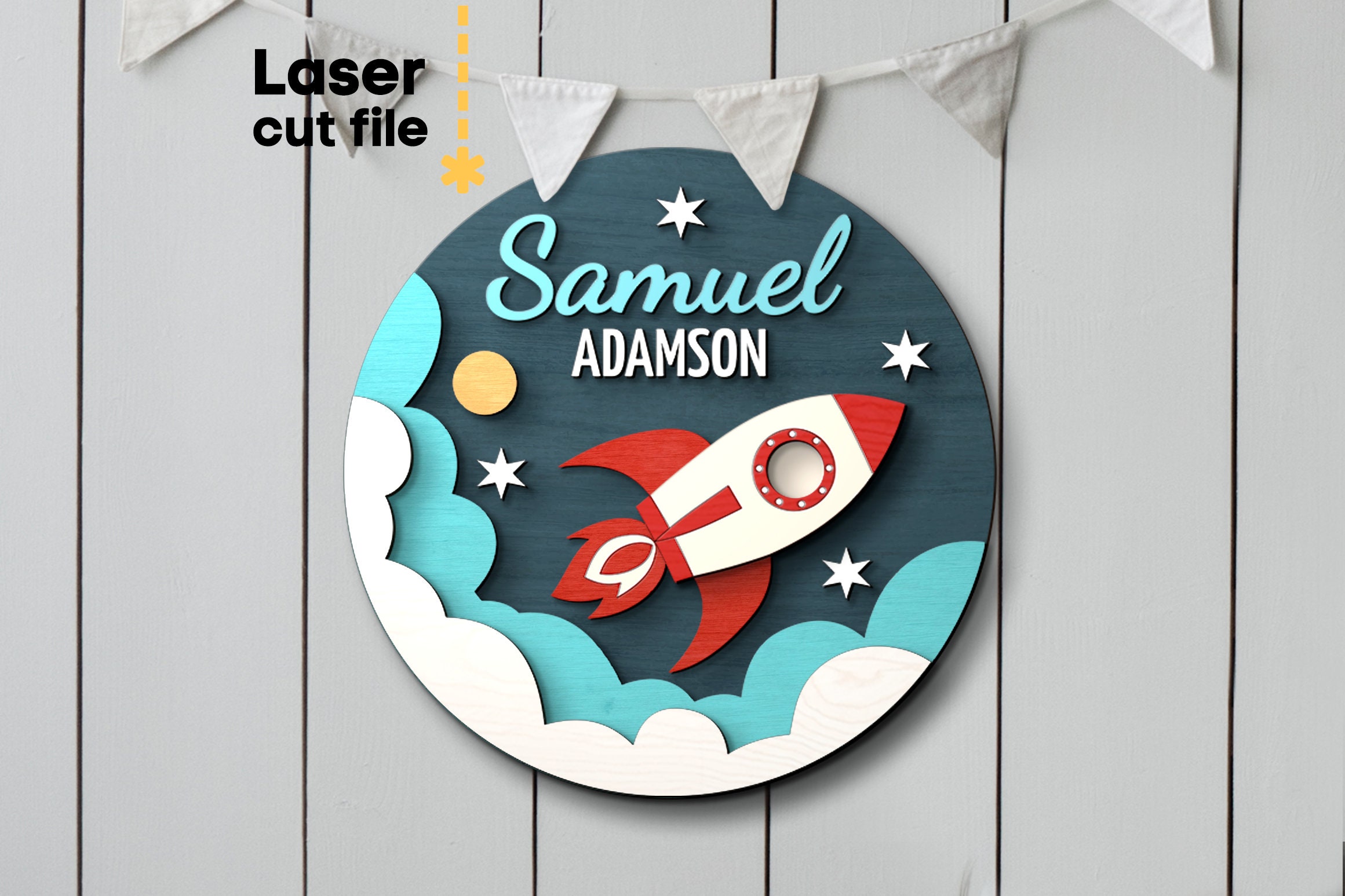 Signo de nombre de bebé cohete SVG. Archivo cortado con láser para Glowforge, Space Star, Nursery Name Round Sign, Baby Boy, Svg Dxf Ai Pdf Cdr, DESCARGA INSTANTÁNEA