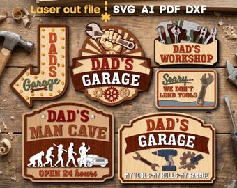 Pacchetto SVG "Dad's Garage". File tagliato al laser per Glowforge, utensili manuali, officina, regalo per la festa del papà, Svg Dxf Ai Pdf Cdr, DOWNLOAD IMMEDIATO.