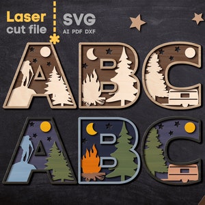 Alphabet SVG. Laser cut file for Glowforge Cricut, Camping Letters Nature Letter Monograms Swirls Svg Dxf Ai Pdf Cdr INSTANT DOWNLOAD