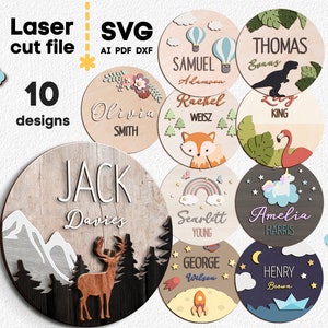 Baby Namensschild SVG Bundle. Laser geschnittene Datei für Glowforge, Set Kinderzimmer Name rundes Zeichen, Baby Boy Girl, SVG Dxf Ai Pdf Cdr, SOFORTIGER DOWNLOAD