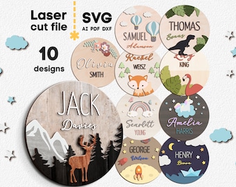 Babynaam teken SVG-bundel. Lasergesneden bestand voor Glowforge, Set Nursery Name Round Sign, Baby Boy Girl, Svg Dxf Ai Pdf Cdr, INSTANT DOWNLOAD