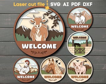 Paquete SVG de bienvenida a la granja. Archivo cortado a láser para Glowforge. Animales de granja: Vaca, Caballo, Pollo, Cerdo, Oveja. Descarga instantánea: SVG, DXF, AI, PDF, CDR.