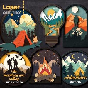 Paquete SVG de Camping. Archivo cortado con láser para Glowforge, Campamento con fogata, montañas, río, carpa, bosque, naturaleza, Svg, Dxf, Ai, Pdf, Cdr, DESCARGA INSTANTÁNEA