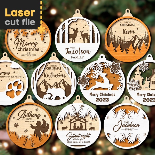 Christmas Tree Toys SVG Bundle Laser cut file for Glowforge Ball with Deer Bear Forest Mountains Merry Christmas Ornament INSTANT DOWNLOAD