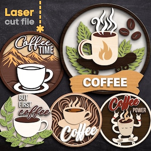 Pacchetto SVG di ornamenti per caffè. File tagliato al laser per Glowforge, Coffee Cup Coffee Bean Skateboard Round Sign, Svg Dxf Ai Pdf Cdr DOWNLOAD immediato