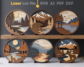 Nature SVG Bundle. Laser cut file for Glowforge, Mountains Camping Forest River Bear Deer Round Sign, Svg Dxf Ai Pdf Cdr, INSTANT DOWNLOAD