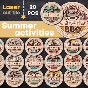 20 Summer Ornaments SVG Bundle. Laser cut file for Glowforge, Summer Sport Medals Activities, Hiking Sup Svg Dxf Ai Pdf Cdr INSTANT DOWNLOAD
