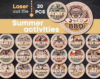 20 Summer Ornaments SVG Bundle. Laser cut file for Glowforge, Summer Sport Medals Activities Hiking Sup, Svg Dxf Ai Pdf Cdr INSTANT DOWNLOAD