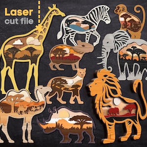 Pacchetto SVG di animali africani. File tagliato al laser per Glowforge, Safari Leone Giraffa Capibara Elefante Zebra, Svg Dxf Ai Pdf Cdr, DOWNLOAD IMMEDIATO