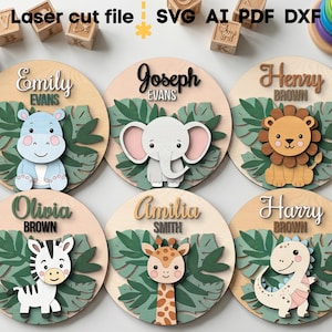 Pacchetto SVG con targhette con nome per bambini. File tagliato al laser per Glowforge, set per cameretta con animali della giungla, giraffa e zebra, Svg Dxf Ai Pdf Cdr, DOWNLOAD IMMEDIATO