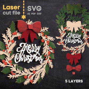 Ghirlanda di buon Natale SVG. File tagliato al laser per Glowforge, Appendiabiti per porta di Natale invernale Welcome Fir Branche, Svg Dxf Ai Pdf, DOWNLOAD immediato