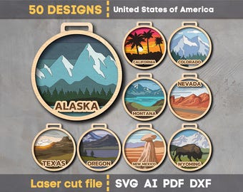 50 American States Bundle SVG. Laser cut file for Glowforge, Medals, Award, Painting round sign, USA, Svg Dxf Ai Pdf Cdr, Instant DOWNLOAD