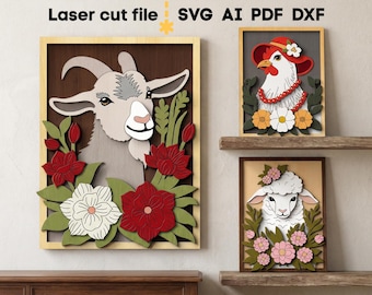Paquete de archivos SVG de animales de granja. Archivo de corte láser para Glowforge, marco decorativo de granja con cabras, ovejas y gallinas. Descarga instantánea en formatos SVG, DXF, AI, PDF y CDR.