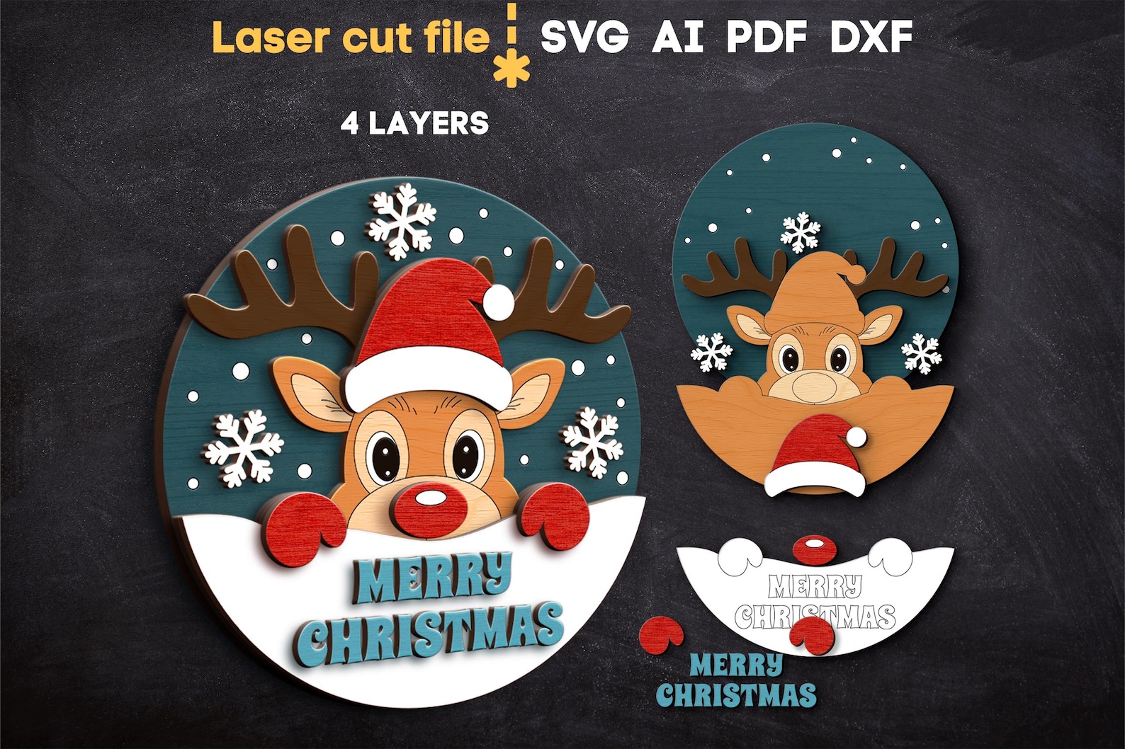 Merry Christmas SVG. Laser Cut File for Glowforge, Rudolf Reindeer ...
