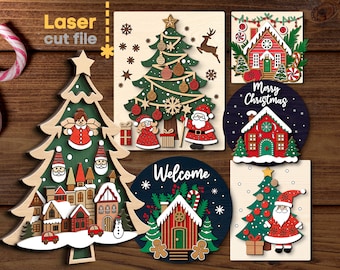 Peut inclure: Ensemble de six décorations de Noël en bois découpées au laser, présentant une variété de motifs, notamment un sapin de Noël, une maison et le Père Noël. Les décorations sont peintes en rouge, vert et blanc.