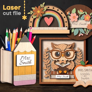 Teacher Gifts SVG Bundle. Laser cut file for Glowforge, Teacher Desk Decor Pencil Holder Owl Name Sign, Svg Dxf Ai Pdf Cdr, INSTANT DOWNLOAD