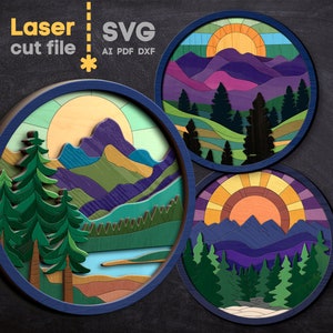 Pacchetto SVG ornamento naturale. File tagliato al laser per Glowforge, Forest Mountains Sun River Sunset Round Sign, Svg Dxf Ai Pdf Cdr, DOWNLOAD immediato