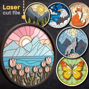 Mozaïek schilderij SVG-bundel. Lasergesneden bestand voor Glowforge, natuurtulpen Fox Eagle Butterfly rond bord, Svg Dxf Ai Pdf Cdr, INSTANT DOWNLOAD