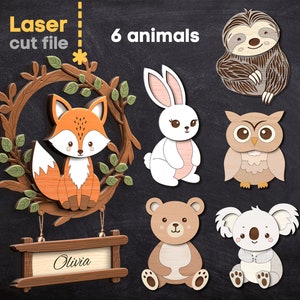Pacchetto SVG con segno del nome del bambino con ghirlanda. File tagliato al laser per Glowforge, Animali Volpe Lepre Koala orso Bradipo Gufo, Svg Dxf Ai Pdf Cdr, DOWNLOAD IMMEDIATO