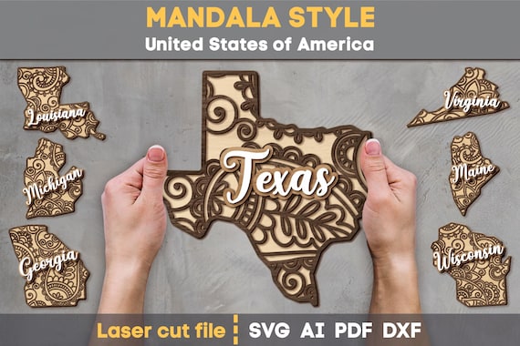 50 American states Bundle SVG. Laser cut file for Glowforge Cricut Silhouette, Mandala Svg Dxf Ai Pdf Cdr, INSTANT DOWNLOAD