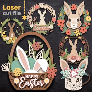 Osterkranz SVG Bundle. Laser geschnitten Datei für Glowforge, Kaninchen in Blumen Ei Frühling Korb Türhänger, svg Dxf Ai Pdf Cdr INSTANT DOWNLOAD