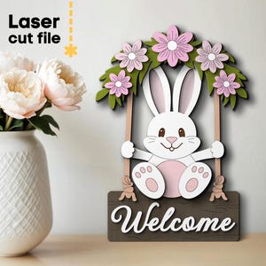 Coniglio Benvenuto SVG. File tagliato al laser per Glowforge, cartello rotondo con scritta Spring Flowers Swing Easter Door Hanger, Svg Dxf Ai Pdf Cdr, DOWNLOAD IMMEDIATO