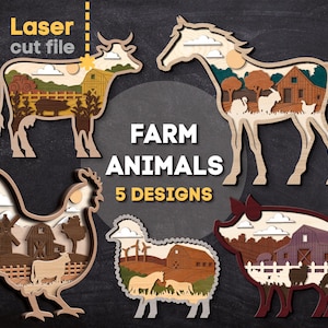 Ensemble SVG animaux de la ferme. Fichier découpé au laser pour Glowforge, vache cheval poulet cochon mouton grange ferme, Svg Dxf Ai Pdf Cdr, téléchargement immédiat