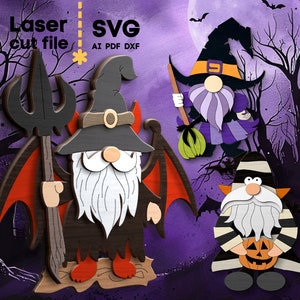 May include: Laser cut file SVG image featuring three Halloween gnome designs. One gnome is dressed as a devil with a trident, another as a witch with a broom, and the third holding a jack-o'-lantern. The background is a purple gradient with trees and bats.