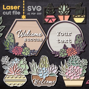 Pacchetto SVG di piante grasse. File tagliato al laser per Glowforge, Welcome succas Appendiabiti Cactus Cestino a strati Svg Dxf Ai Pdf Cdr DOWNLOAD immediato