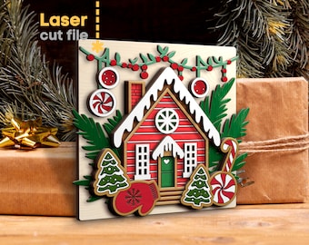 May include: A laser cut file design of a gingerbread house with candy canes, peppermint swirls, and a red mitten. The house is decorated with a red roof, white trim, and a green door. The design is perfect for creating a festive Christmas decoration.