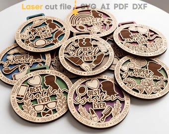 12 Family Ornaments SVG Bundle. Laser cut file for Glowforge, Medal Best Mom Ever Best Dad Sister Aunt, Svg Dxf Ai Pdf Cdr, INSTANT DOWNLOAD