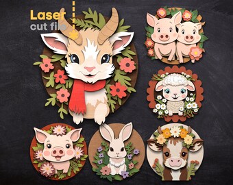 Farm Baby Animals SVG Bundle. Laser cut file for Glowforge Cricut, Goatling Calf Piglet Lamb Round Sign  Svg Dxf Ai Pdf Cdr INSTANT DOWNLOAD