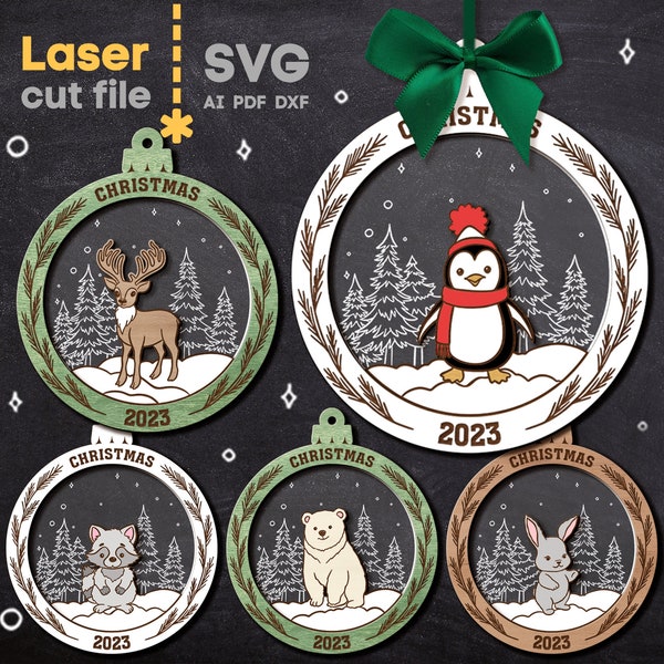 Christmas Tree Toys SVG Bundle. Laser cut file for Glowforge. Ball Deer Racoon Penguin Polar bear Merry Christmas Ornament INSTANT DOWNLOAD