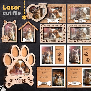 Huisdier fotolijsten SVG-bundel. Lasergesneden bestand voor Glowforge, Cat Dog Name Picture Memorial Paw Dog Bone, Svg Dxf Ai Pdf Cdr, INSTANT DOWNLOAD