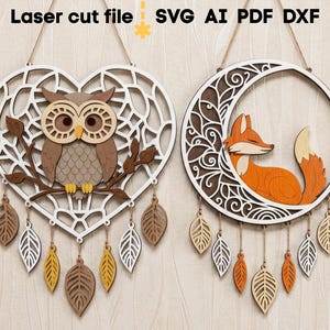 Dream Catcher SVG Bundle. Laser cut file for Glowforge, Owl Fox Leaves Heart Moon Sign Wall Decor, Svg Dxf Ai Pdf Cdr, INSTANT DOWNLOAD