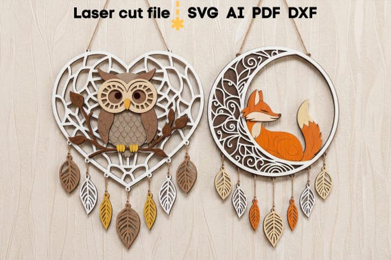Dream Catcher SVG Bundle. Laser cut file for Glowforge, Owl Fox Leaves Heart Moon Sign Wall Decor, Svg Dxf Ai Pdf Cdr, INSTANT DOWNLOAD