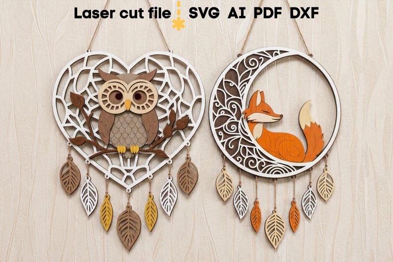Dream Catcher SVG Bundle. Laser cut file for Glowforge, Owl Fox Leaves Heart Moon Sign Wall Decor, Svg Dxf Ai Pdf Cdr, INSTANT DOWNLOAD image 1
