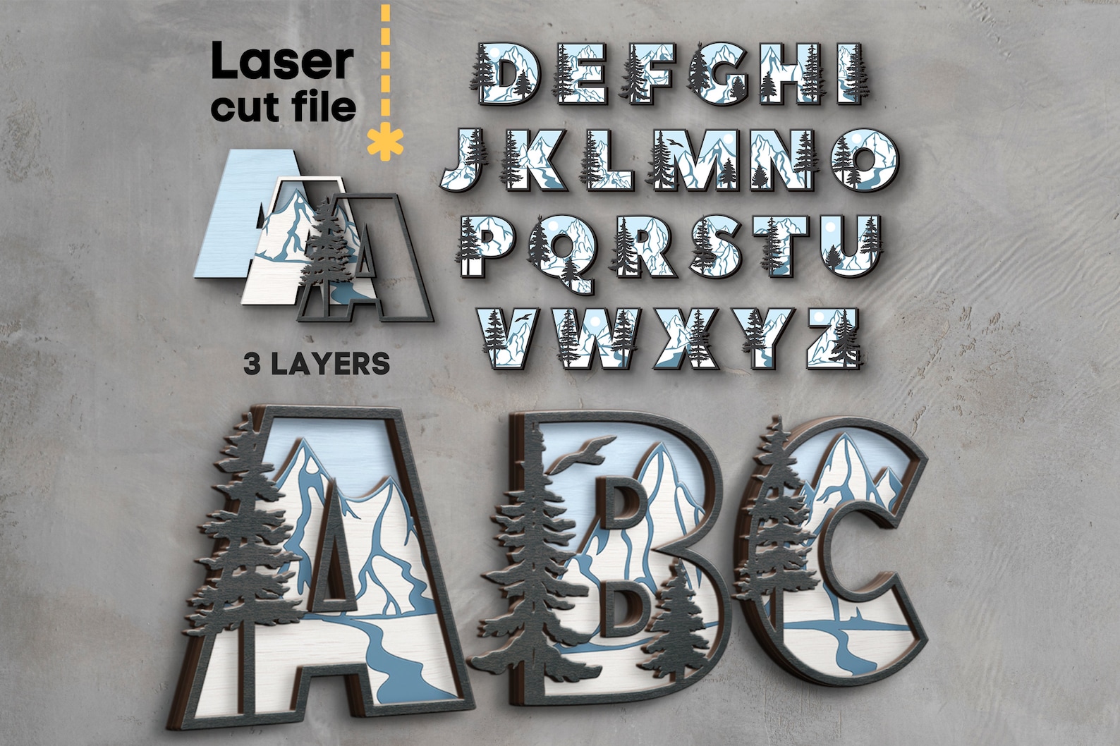 Spruce Lettering Winter Alphabet SVG. Laser Cut File for Glowforge, Letters, Mountains ...