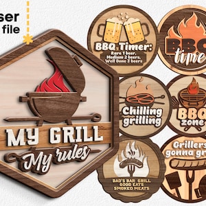 Może przedstawiać: Drewniany znak z napisem "My Grill My Rules" i grillem z płomieniami. Jest sześć mniejszych drewnianych znaków z różnymi powiedzeniami o tematyce grillowania, w tym "BBQ Timer", "BBQ Time", "Chilling Grilling", "BBQ Zone", "Dad's Bar Grill Good Eats Smoked Meats" i "Grillers Gonna Grill".