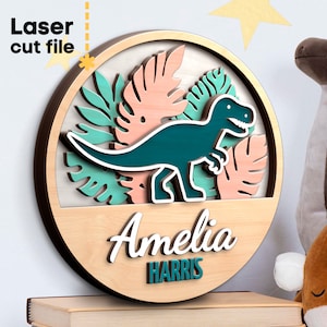 Dinosaur Babynaam Teken SVG. Lasergesneden bestand voor Glowforge, Tyrannosaur Jungle Set Nursery Round Sign, Svg Dxf Ai Pdf Cdr, INSTANT DOWNLOAD
