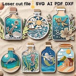 Seeflaschen SVG Bundle. Laser geschnitten Datei für Glowforge, Ozean Fisch Delfin Seepferdchen Anker Schiff, Meerjungfrau, svg Dxf Ai Pdf Cdr, INSTANT DOWNLOAD