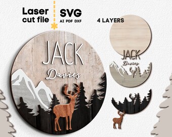Baby Name Sign SVG. Laser cut file for Glowforge, Mountains Nature Deer Nursery Round Sign Baby Boy Girl Svg Dxf Ai Pdf Cdr INSTANT DOWNLOAD