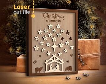 Christmas Countdown SVG. Laser cut file for Glowforge, Stars Baby Jesus Christmas Calendar Home Wall Frame, Svg Dxf Ai Pdf INSTANT DOWNLOAD