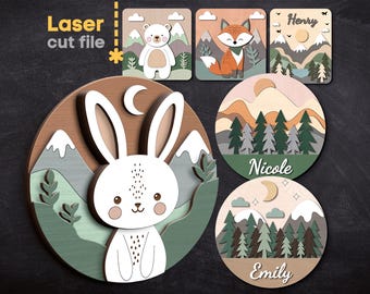 Baby Name Sign SVG Bundle. Laser cut file for Glowforge, Nature Forest Hare Fox Bear Moon Nursery Sign, Svg Dxf Ai Pdf Cdr, INSTANT DOWNLOAD